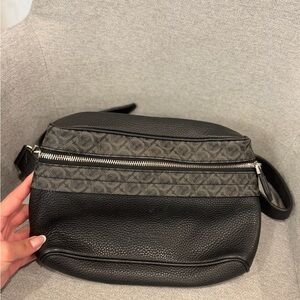 Salvatore Ferragamo Black Leather Crossbody Pouch Bag Silver Hardware Logo Strap